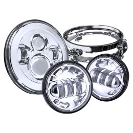 7-Inch LED Headlight w/ Ring Mount Bracket + 4.5-Inch Fog Light Combo Kit for Harley Davidson - Chrome