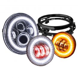 7-Inch HALO DRL LED Headlight w/ Ring Mount Bracket + 4.5-Inch Fog Light Combo Kit for Harley Davidson - Black