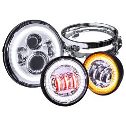 7-Inch HALO DRL LED Headlight w/ Ring Mount Bracket + 4.5-Inch Fog Light Combo Kit for Harley Davidson - Chrome