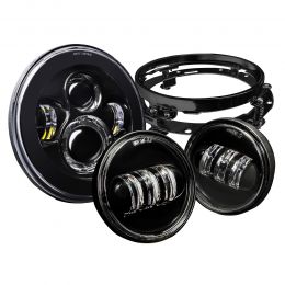 7-Inch LED Headlight w/ Ring Mount Bracket + 4.5-Inch Fog Light Combo Kit for Harley Davidson - Black