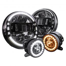 7-Inch Crystal HALO DRL LED Headlight + 4-Inch Fog Light Combo Kit for Jeep Wrangler JK 2007-2018 - Black