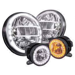 7-Inch Crystal HALO DRL LED Headlight + 4-Inch Fog Light Combo Kit for Jeep Wrangler JK 2007-2018 - Chrome