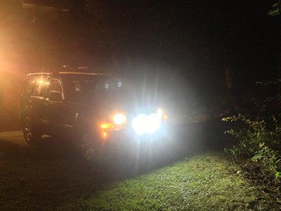 Lee Marsalko Jeep with off road lights at night